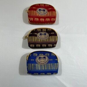 Set of 3 Thailand Coin Purses Elephant Silk Pattern Souvenir Zipper Pouch Change